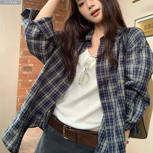 안브 네이비 오버핏 체크 하프 셔츠 1col 가을 봄 박시 블루 루즈핏 카라 제이플로우 - 상세 이미지 5