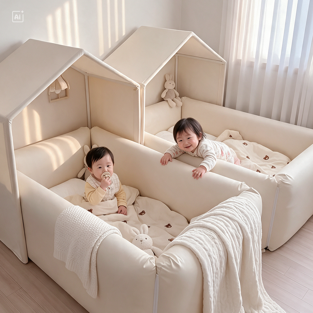 [코지스토리] 쌍둥이 다둥이 전용 범퍼침대 2세트 매트리스 포함 초특대형 저상형 아기침대 컬러 오트밀 외 5종