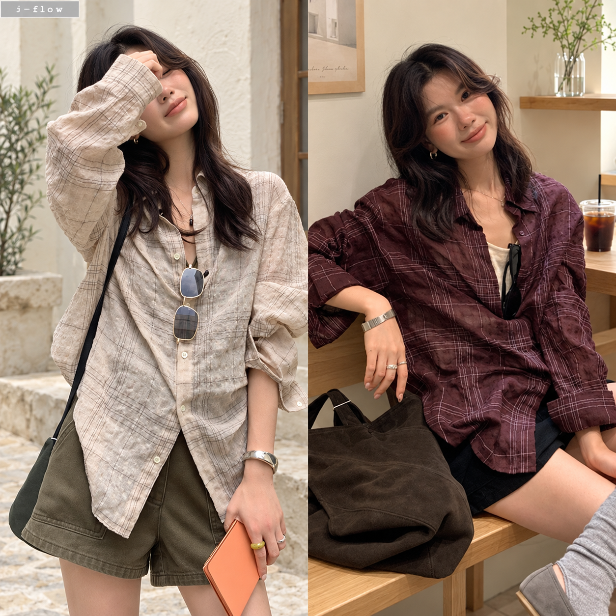 빌리언 체크 린넨 거즈면 루즈핏 셔츠 3col 가을 봄 하프 오버핏 얇은 긴팔 제이플로우 - 메인 이미지