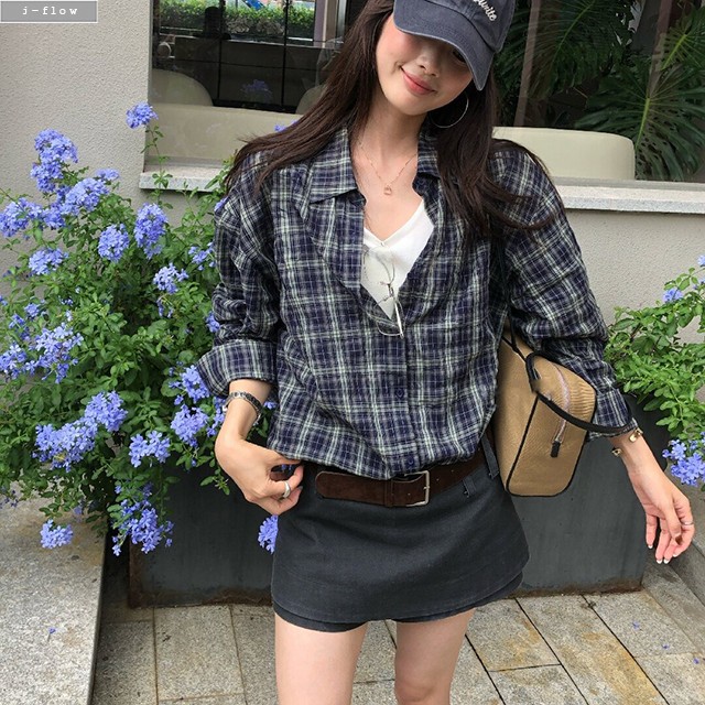 안브 네이비 오버핏 체크 하프 셔츠 1col 가을 봄 박시 블루 루즈핏 카라 제이플로우 이미지 6