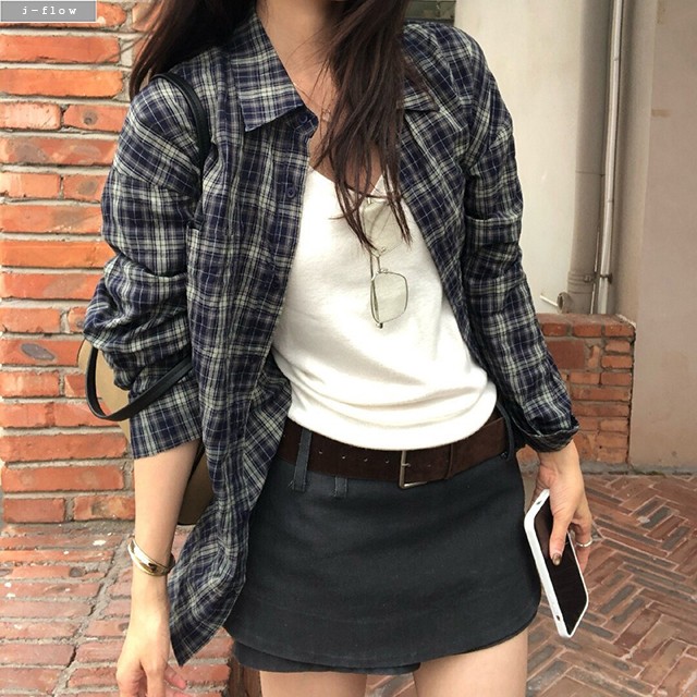 안브 네이비 오버핏 체크 하프 셔츠 1col 가을 봄 박시 블루 루즈핏 카라 제이플로우 이미지 8