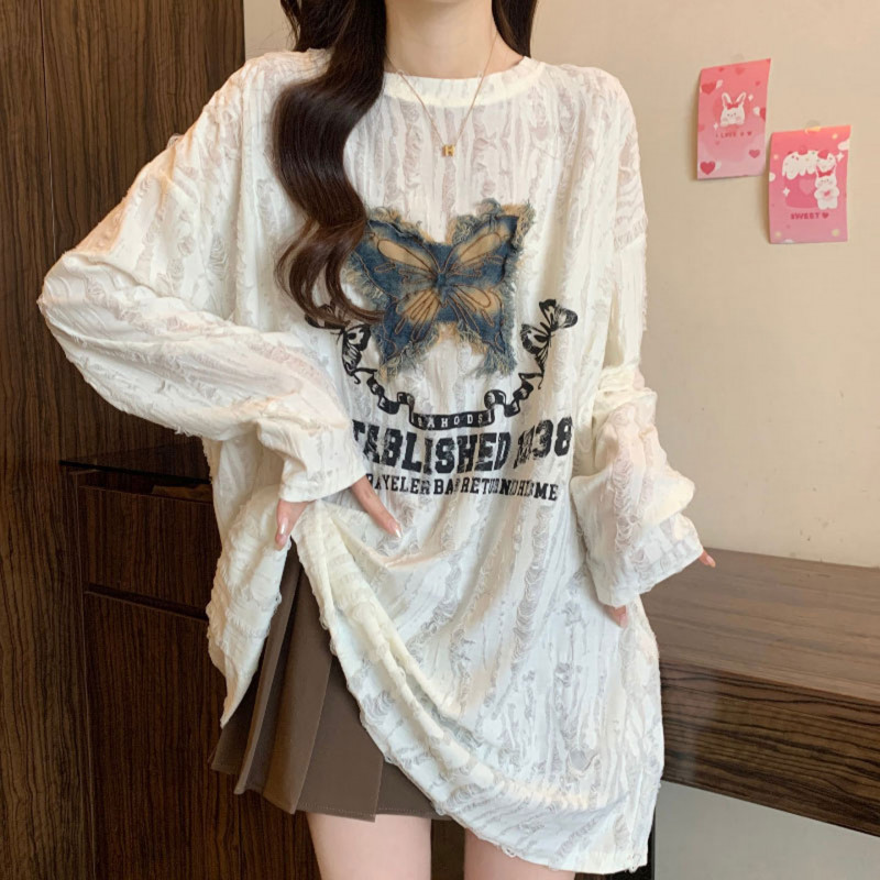 빅사이즈 여성 롱티셔츠 봄가을용 루즈핏 얇은 긴팔 티셔츠 나비 자수 데일리룩 내추럴 M - 상품 이미지