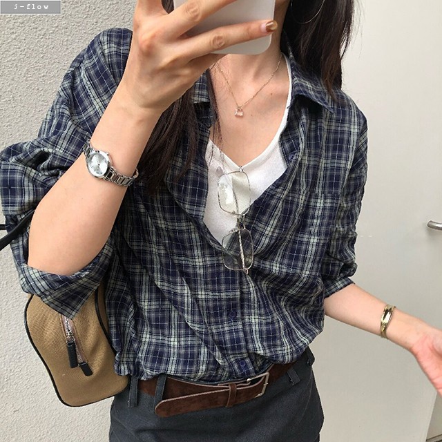 안브 네이비 오버핏 체크 하프 셔츠 1col 가을 봄 박시 블루 루즈핏 카라 제이플로우 이미지 7