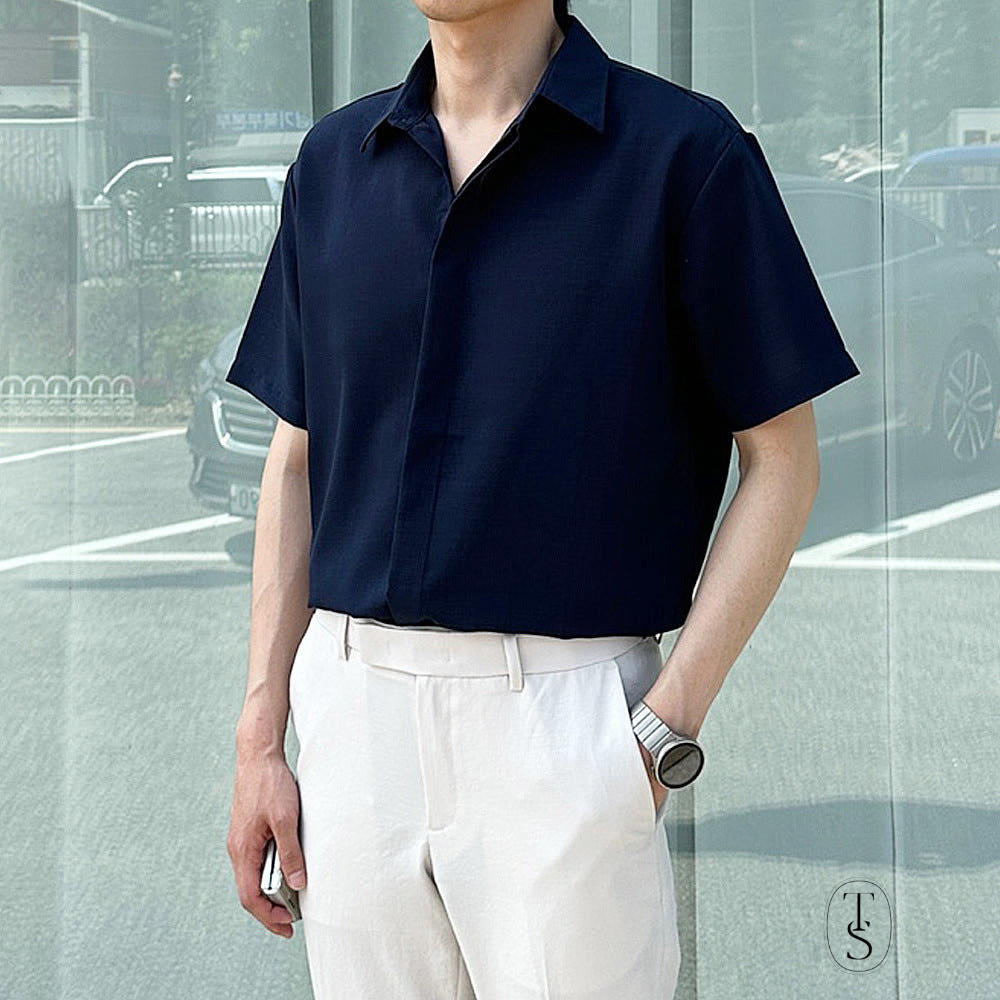 남자 반팔 셔츠 오버핏 링클프리 여름 린넨 남방 남성 셔츠 - 상품 이미지