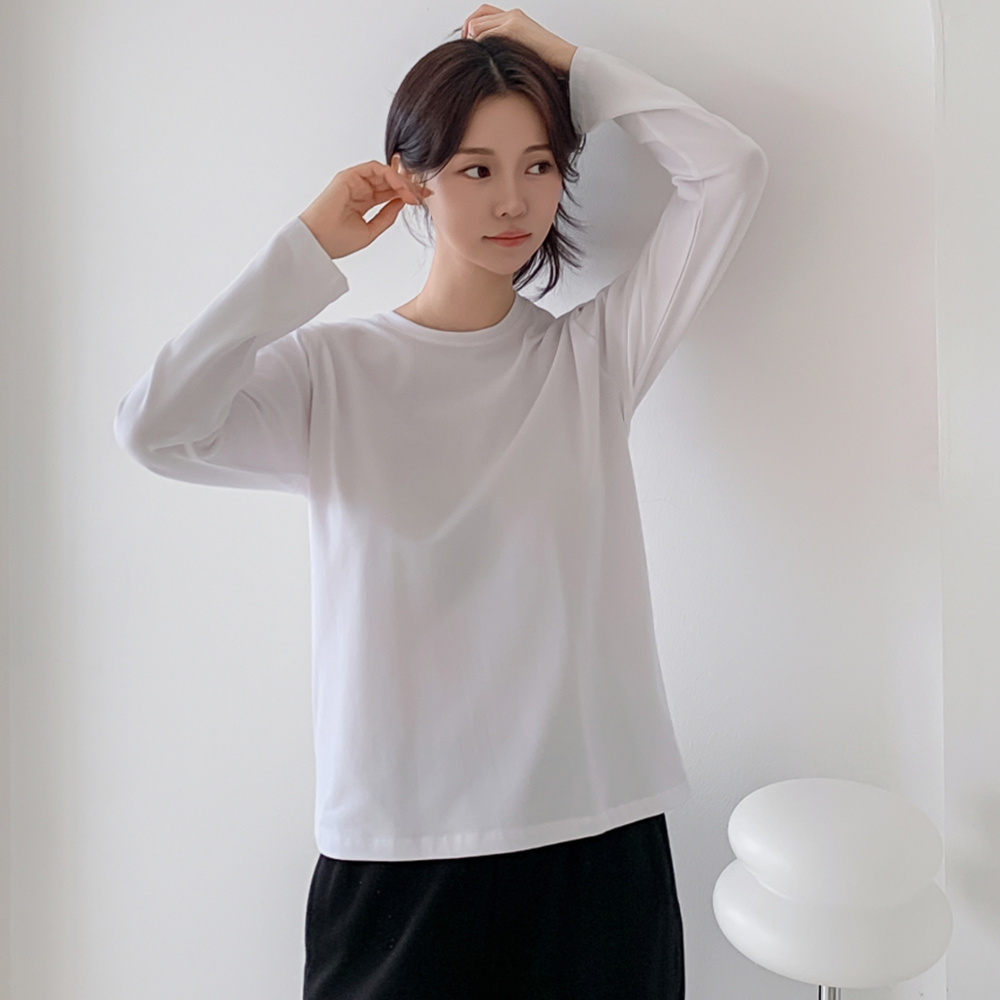 여성 티셔츠 긴팔 이너 무지 티 라운드넥 면 모달 스판 기본 레이어드 흰티 라운드 봄 가을 - 메인 이미지