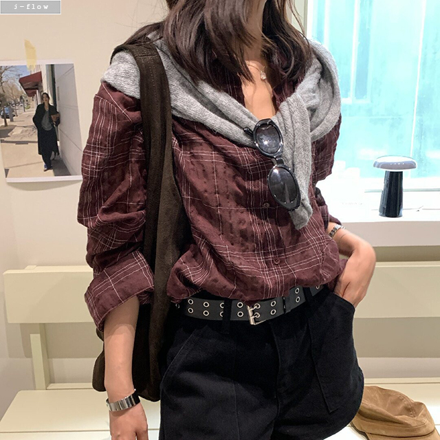 빌리언 체크 린넨 거즈면 루즈핏 셔츠 3col 가을 봄 하프 오버핏 얇은 긴팔 제이플로우 - 상세 이미지 3