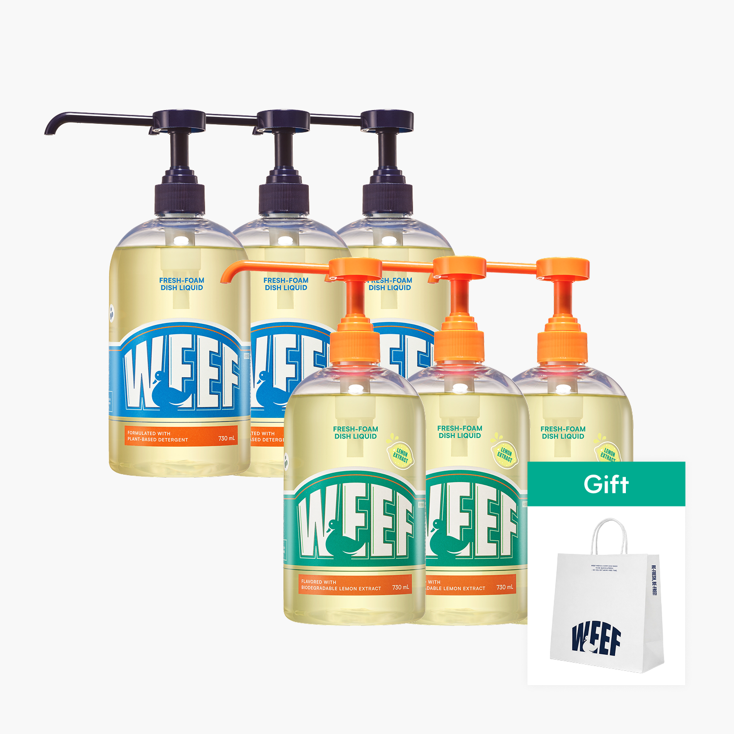 쇼핑백 증정 [무향3+레몬향3] WEEF 윕 풍성한 거품 맨손 설거지 주방세제 730ml