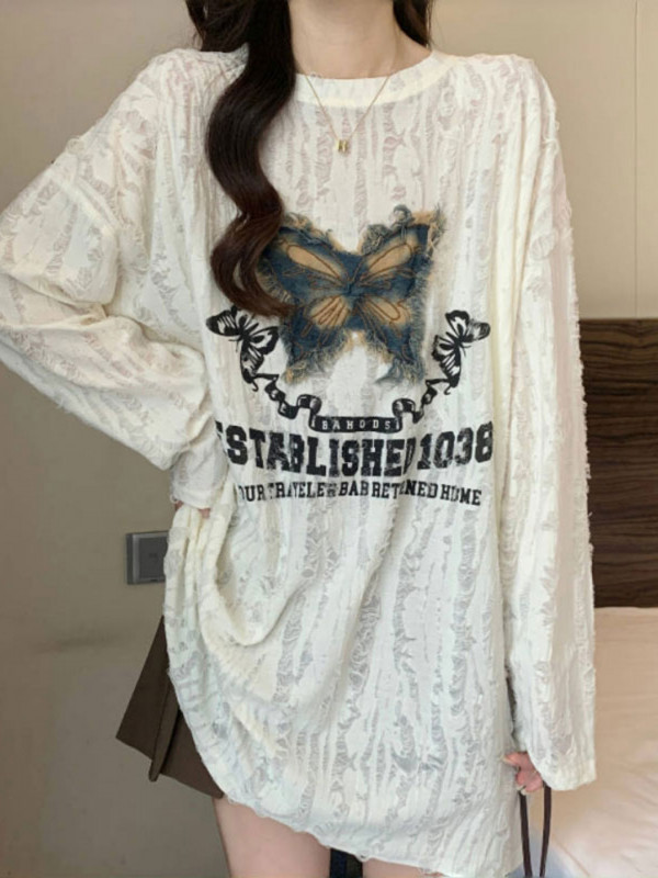 빅사이즈 여성 롱티셔츠 봄가을용 루즈핏 얇은 긴팔 티셔츠 나비 자수 데일리룩 내추럴 M - 상세 이미지 5