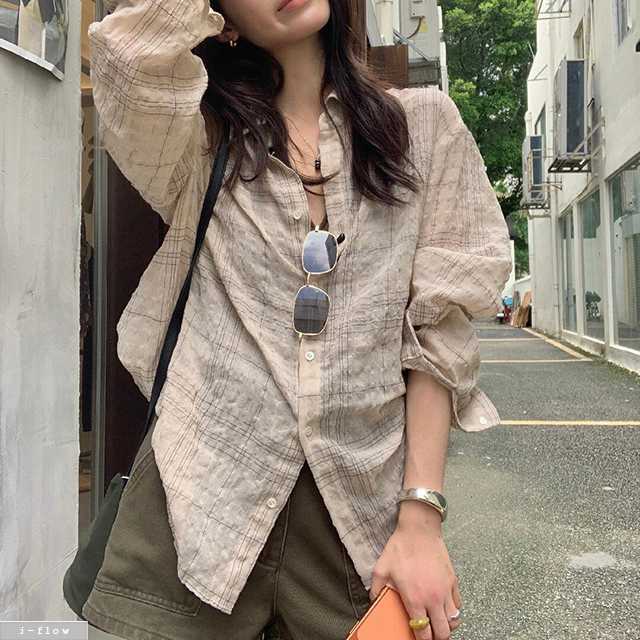 빌리언 체크 린넨 거즈면 루즈핏 셔츠 3col 가을 봄 하프 오버핏 얇은 긴팔 제이플로우 - 상세 이미지 4