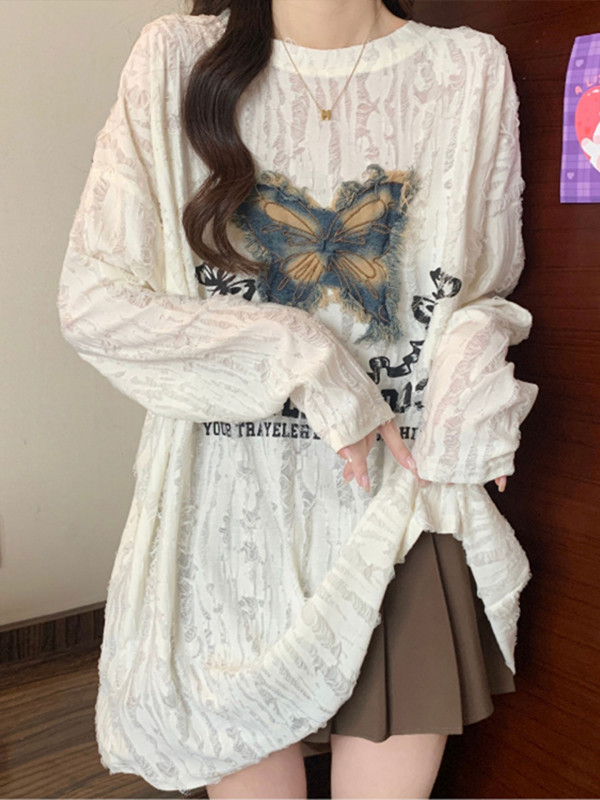 빅사이즈 여성 롱티셔츠 봄가을용 루즈핏 얇은 긴팔 티셔츠 나비 자수 데일리룩 내추럴 M - 상세 이미지 3