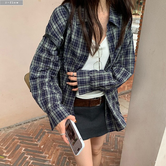 안브 네이비 오버핏 체크 하프 셔츠 1col 가을 봄 박시 블루 루즈핏 카라 제이플로우 - 상세 이미지 4