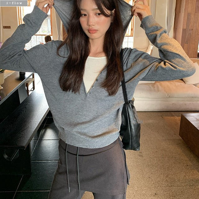 제이플로우 메빈 후드 이중 나시일체형 루즈핏 니트 헨리넥 레이어드