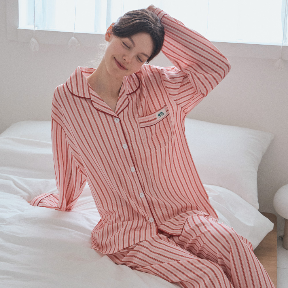 [하이픈] 키스미 실크핏 남녀공용 긴팔 파자마 잠옷 세트 이미지 6