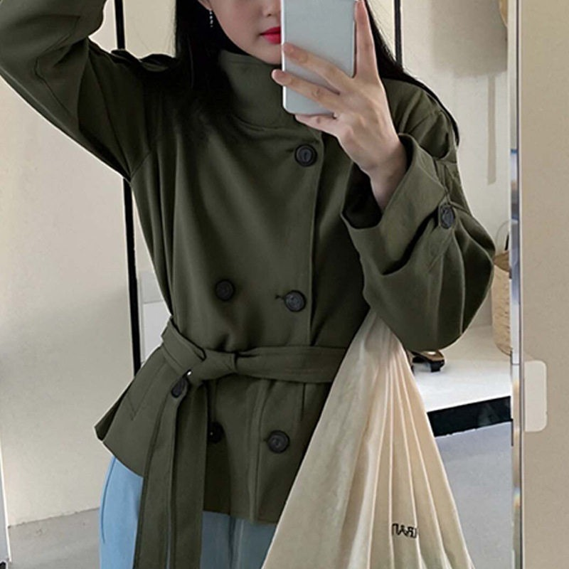 숏트렌치코트 여성 하이넥 벨티드 더블버튼 견장 크롭 봄가을 긴팔 라펠 자켓 - 상세 이미지 4