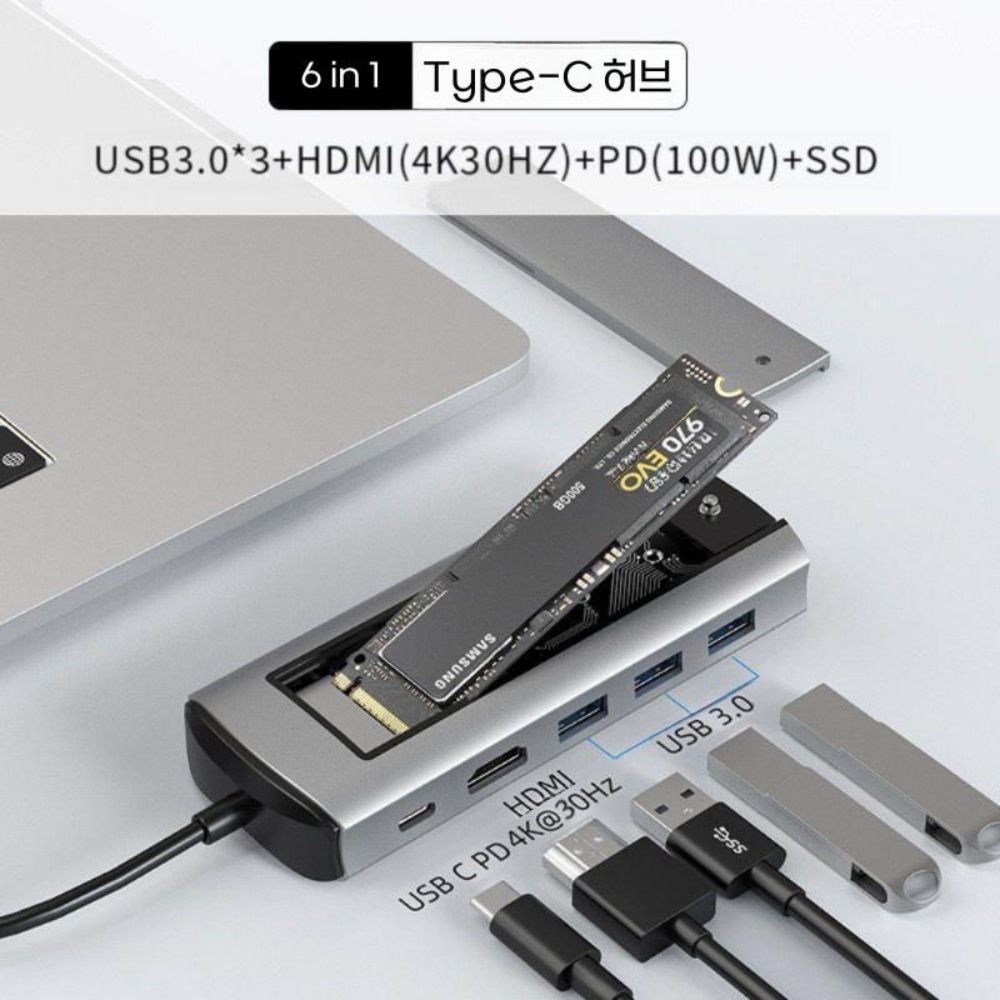 맥미니 M6 C타입 하드 드라이브 도크 SSD USB 확장 허브 HDMI 노트북 허브 - 상품 이미지