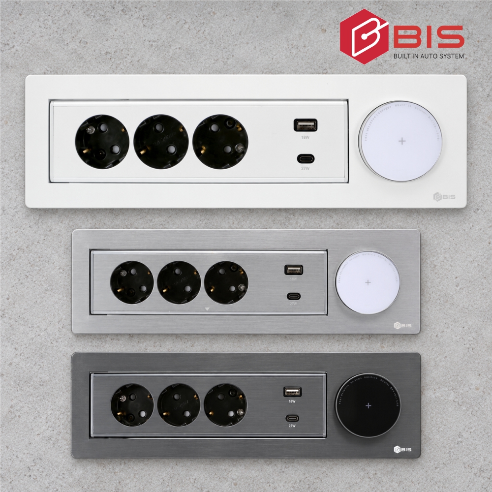 BIS 빌트인콘센트 BID-N203MWF 화이트 3구 USB 무선충전 가구 식탁 책상 매립 - 상품 이미지