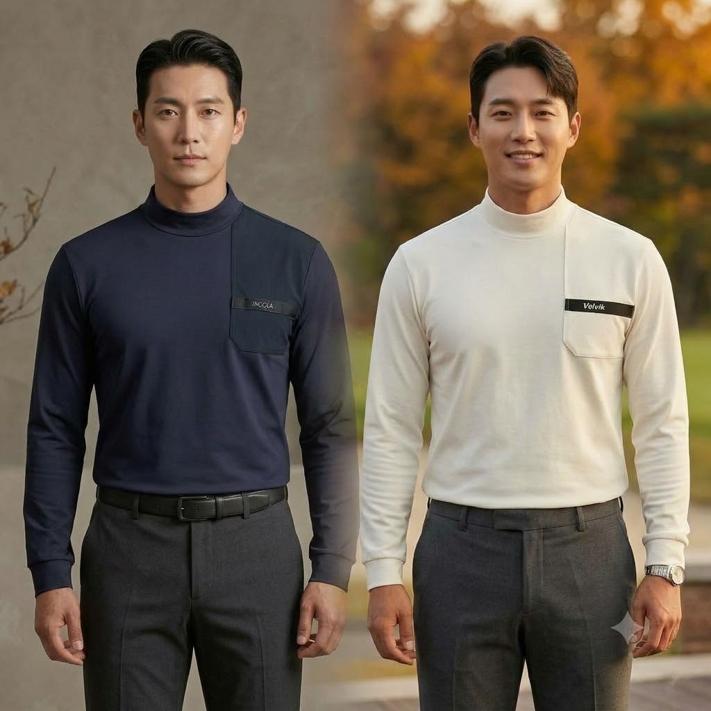 볼빅 남자 가을 골프웨어룩 스판 모크넥 필드룩 소매시보리 골프 티셔츠 - 상세 이미지 2