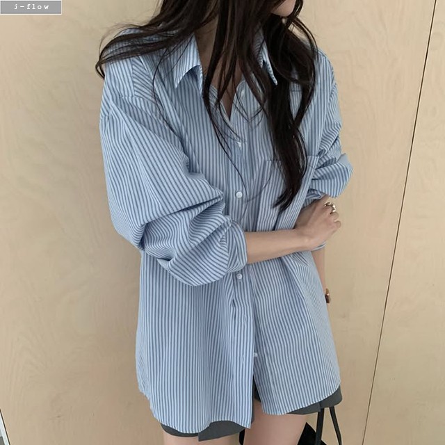 포에로 카라넥 오버핏 스트라이프 셔츠 2col 가을 봄 클래식 단가라 데일리 제이플로우 - 상품 이미지
