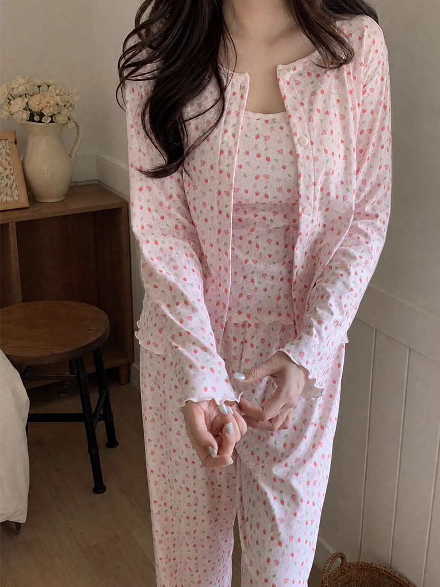 캡내장잠옷 고퀄리티 쓰리피스 파자마세트 모찌베리 캡나시 긴팔 노카라 홈웨어 - 상세 이미지 4