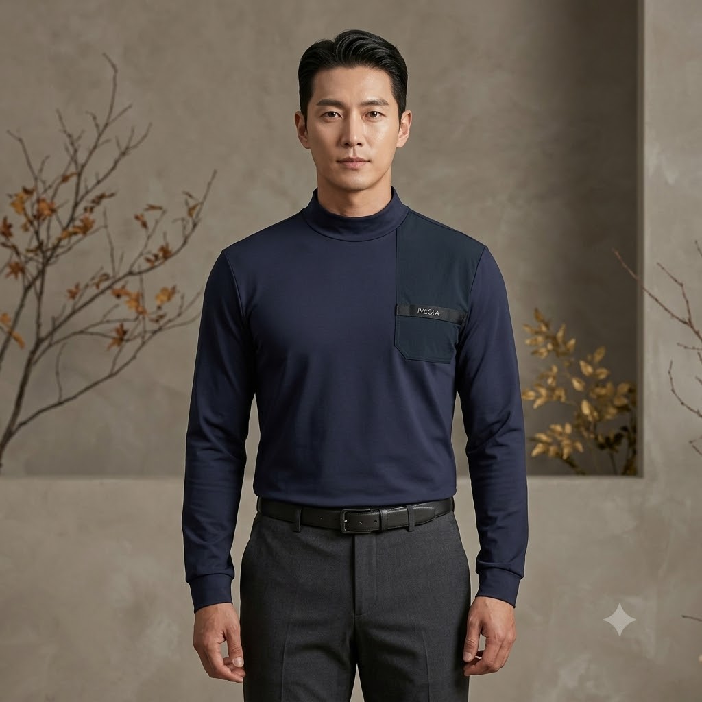 볼빅 가을 남성 골프웨어룩 스판 모크넥 필드룩 소매시보리 골프 티셔츠 - 상품 이미지
