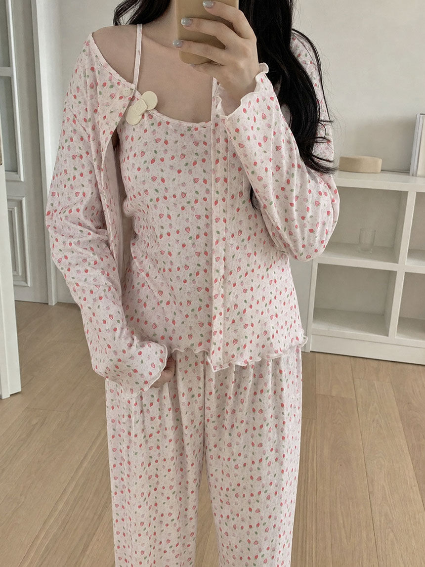 캡내장잠옷 고퀄리티 쓰리피스 파자마세트 모찌베리 캡나시 긴팔 노카라 홈웨어 이미지 6