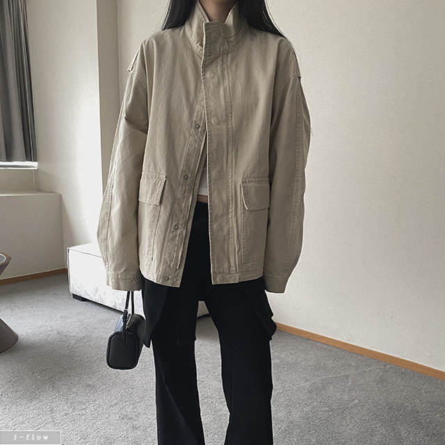 휴더 하이넥 루즈핏 피그먼트 야상 점퍼 2col 봄 가을 스트링 오버핏 박시 제이플로우 상품 이미지