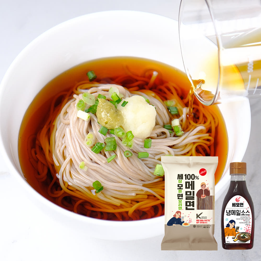 [시그니처 메밀팩] 올리온 세모면 100% 메밀면 150gx4+ 냉메밀소스265g 메밀 소바 막 국수 쯔유 - 상품 이미지