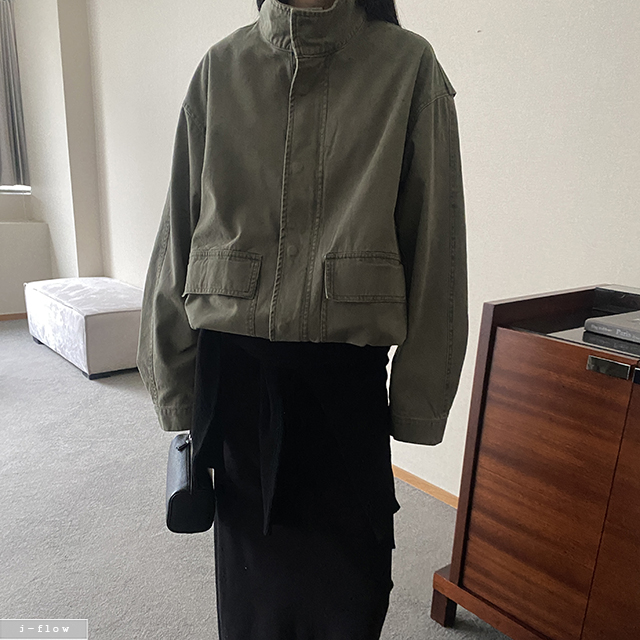 휴더 하이넥 루즈핏 피그먼트 야상 점퍼 2col 봄 가을 스트링 오버핏 박시 제이플로우 상품 이미지