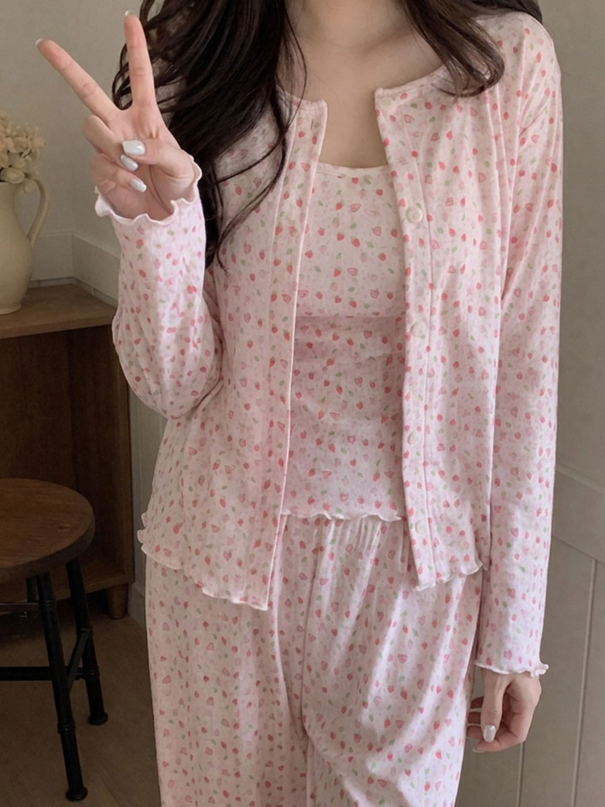 캡내장잠옷 고퀄리티 쓰리피스 파자마세트 모찌베리 캡나시 긴팔 노카라 홈웨어 이미지 7