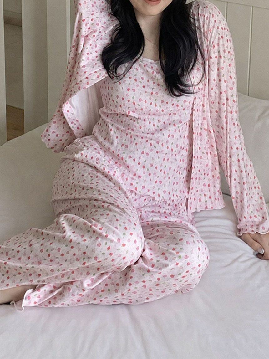 캡내장잠옷 고퀄리티 쓰리피스 파자마세트 모찌베리 캡나시 긴팔 노카라 홈웨어 이미지 8