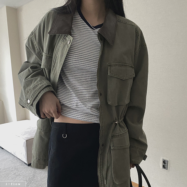 휴더 하이넥 루즈핏 피그먼트 야상 점퍼 2col 봄 가을 스트링 오버핏 박시 제이플로우 상품 이미지