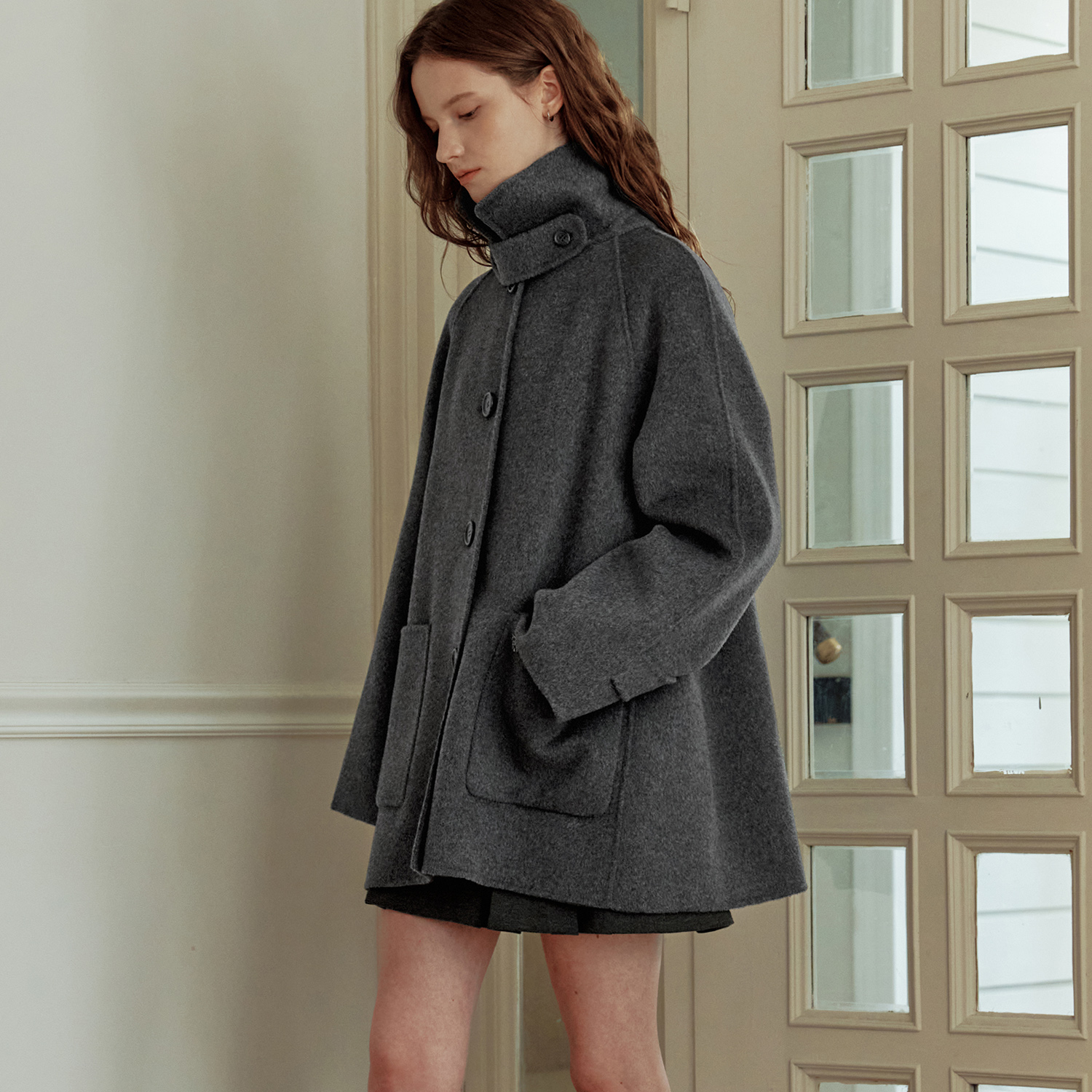 [오트밀 단독][제로스트릿][6컬러] 핸드메이드 에이라인 울 하프 코트 HAND MADE A LINE WOOL HALF COAT - 상품 이미지