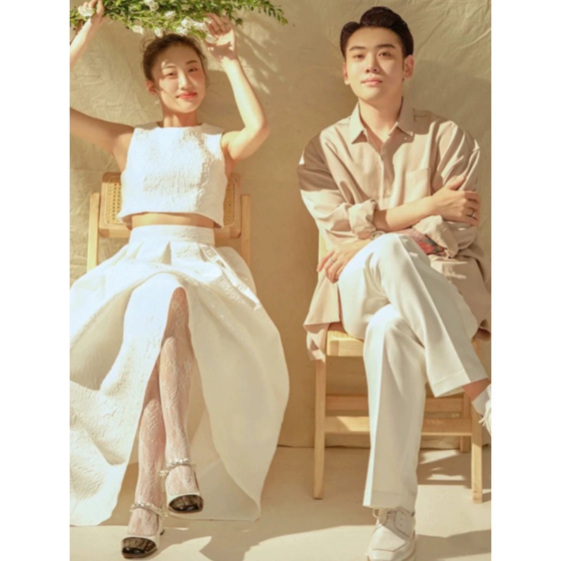 웨딩 스냅 드레스 스몰웨딩 리마인드 투피스 자카드 피로연 약혼 연회 화이트 XS - 상세 이미지 4