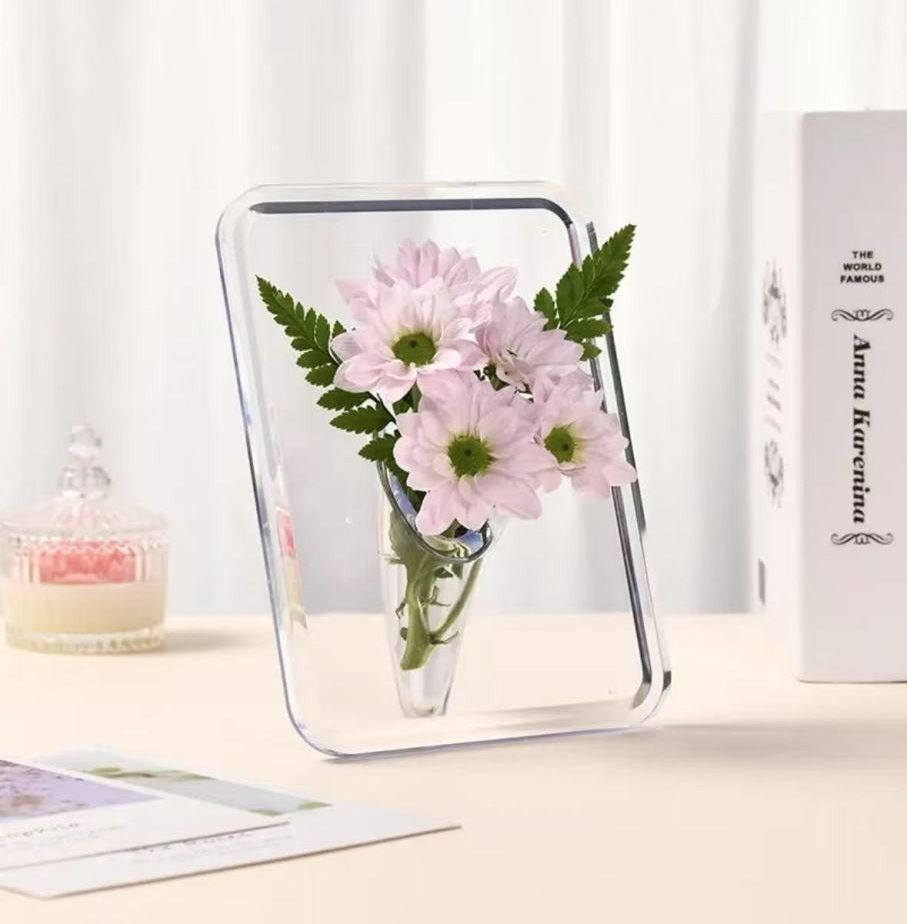 3D 투명 아크릴 액자 화분 화병 꽃병 생화 조화 꽃 사무실 책상 집 꾸미기 인테리어 소품 - 상세 이미지 2