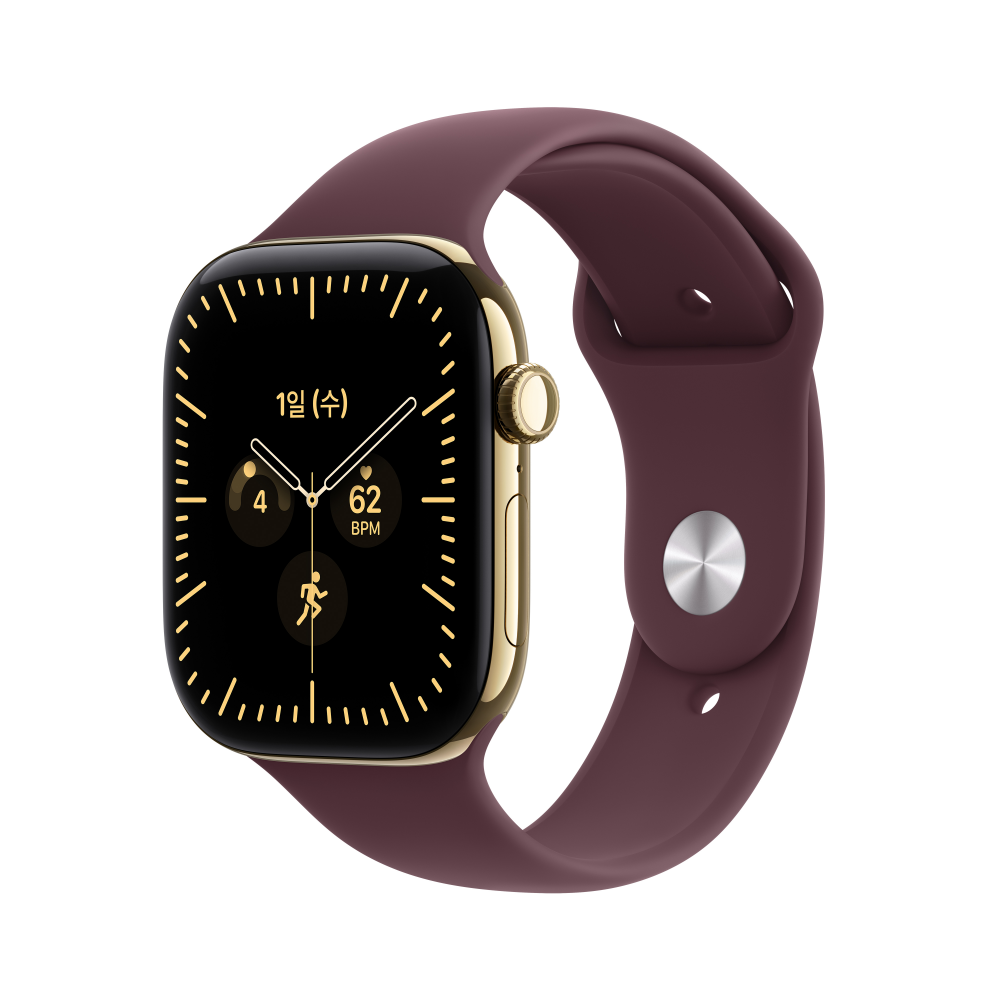 (1차 예약) 공식 애플워치 12 셀룰러 46mm 래디언트 골드 티타늄, 버건디 스포츠 밴드 (S/M) MJGR4KH/A - 상품 이미지