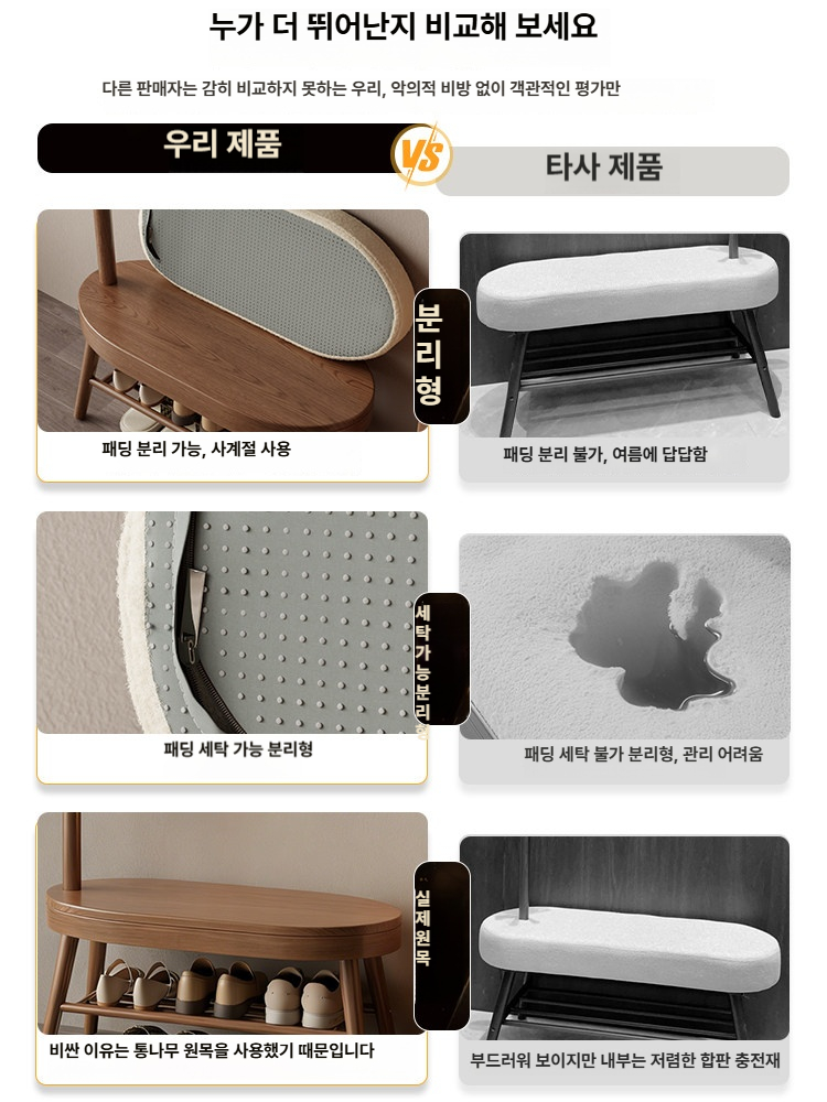 신발장 의자 현관 원목 옷걸이 스탠드 벤치 호두나무색 60cm 수납 가구 - 상세 이미지 3