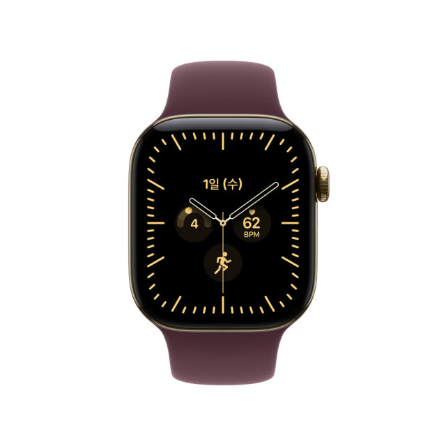 애플 애플워치 12 셀룰러 티타늄 래디언트 골드, 42mm, 버건디 스포츠 밴드(S M)
