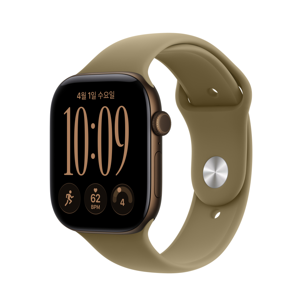 (1차 예약) 공식 애플워치 12 셀룰러 46mm 다크 브론즈 알루미늄, 올리브 스포츠 밴드 (S/M) MJGD4KH/A - 상품 이미지