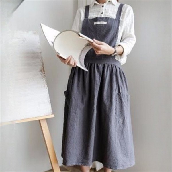 원피스형 원피스 앞치마 넉넉한 여성 앞치마 주방 린넨 포켓 요리 - 상품 이미지