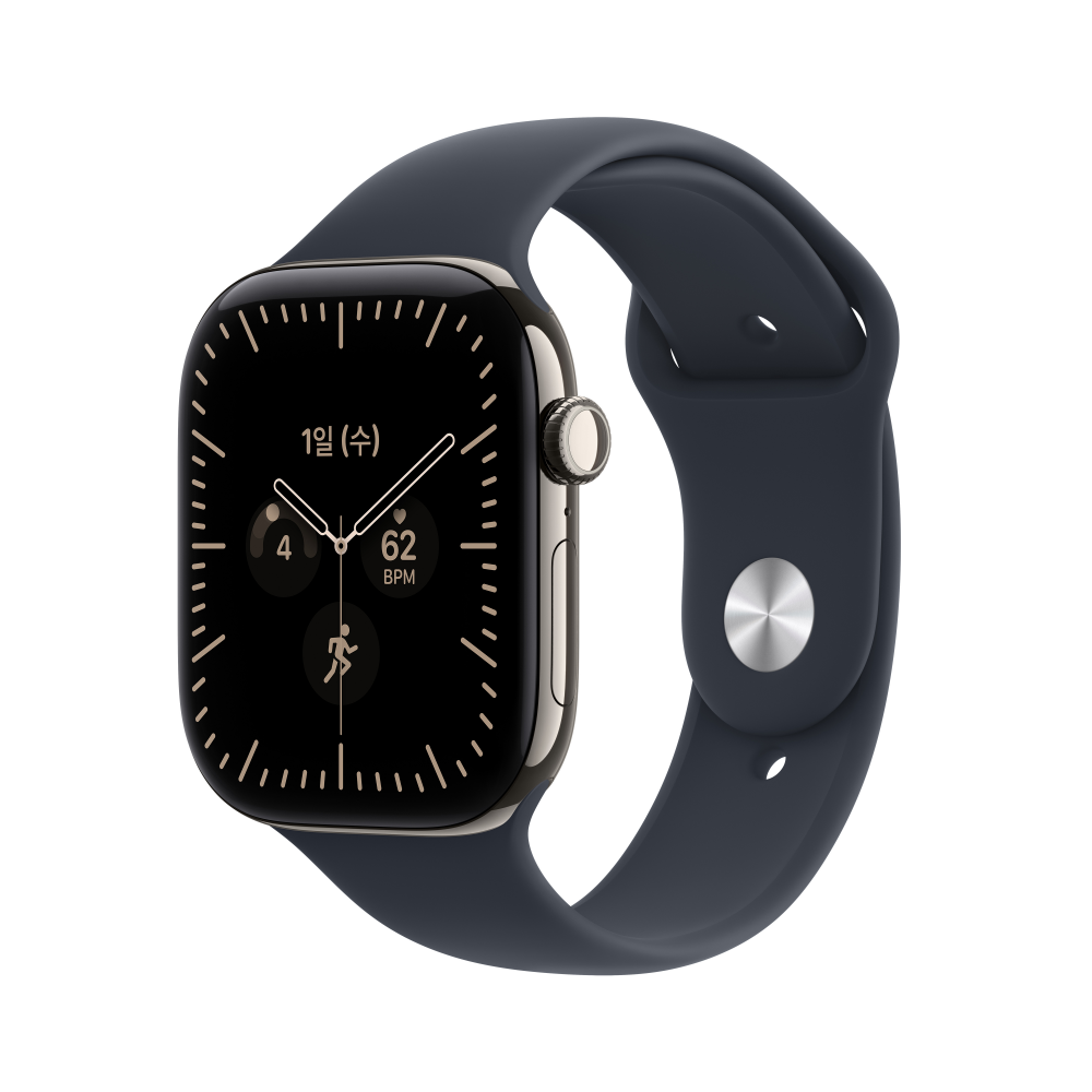 (2차 예약) 공식 애플워치 12 셀룰러 46mm 내추럴 티타늄, 네이비 블루 스포츠 밴드 (M/L) MJGN4KH/A - 상품 이미지