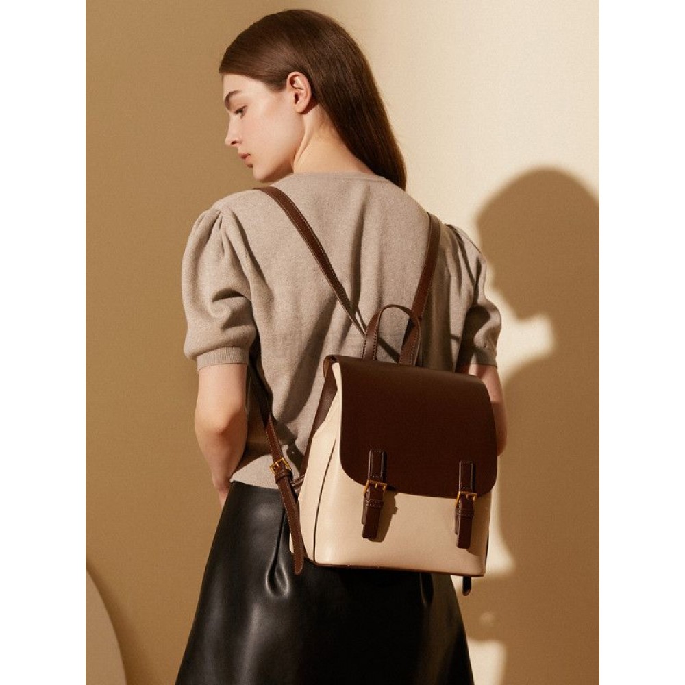 여성용 천연소가죽 백팩 빈티지 배색 책가방 직장인 출퇴근용 고급스러운 데일리백 - 상품 이미지