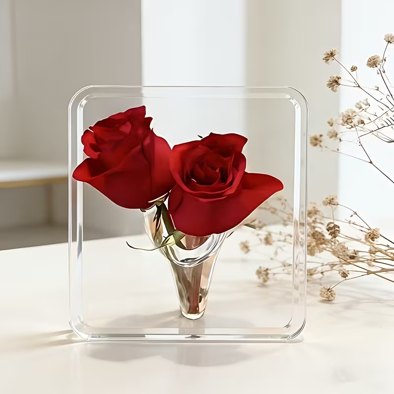3D 투명 아크릴 액자 화분 화병 꽃병 생화 조화 꽃 사무실 책상 집 꾸미기 인테리어 소품 - 상품 이미지