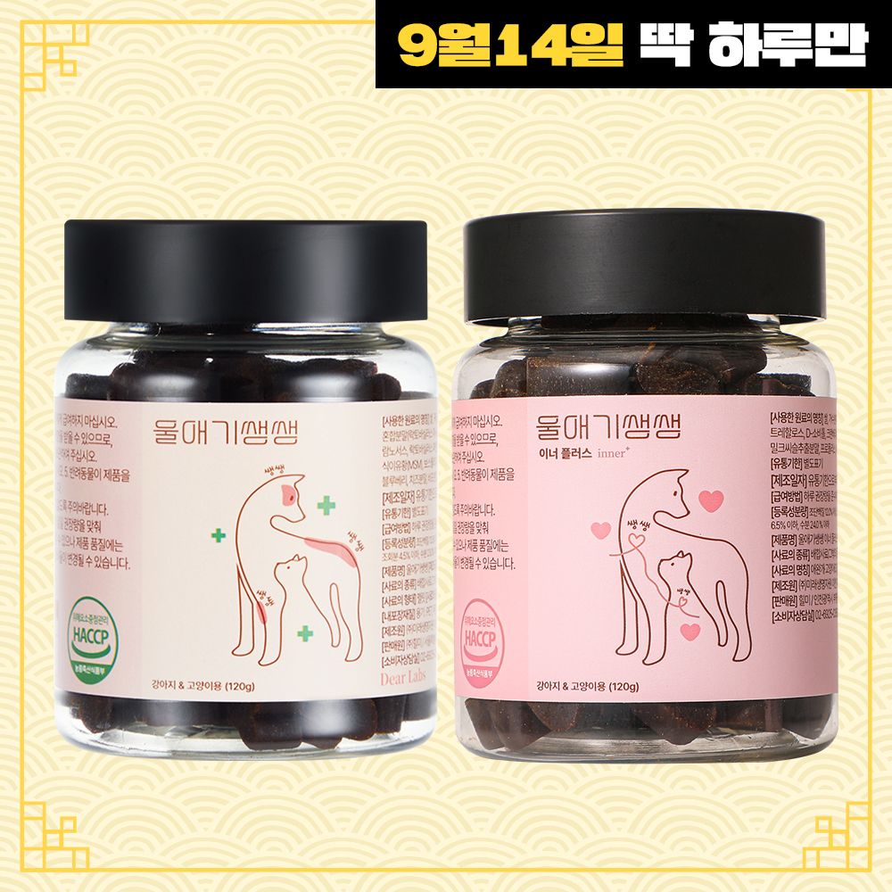디어랩스 강아지 영양제 쌩쌩세트(울애기쌩쌩+이너플러스) 반려동물 관절 피부 기관지 협착증 - 상품 이미지
