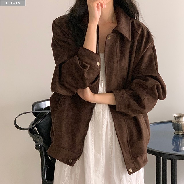 제이코 오버핏 스웨이드 블루종 자켓 2col 가을 봄 점퍼 카라넥 밑단밴딩 제이플로우 - 상품 이미지