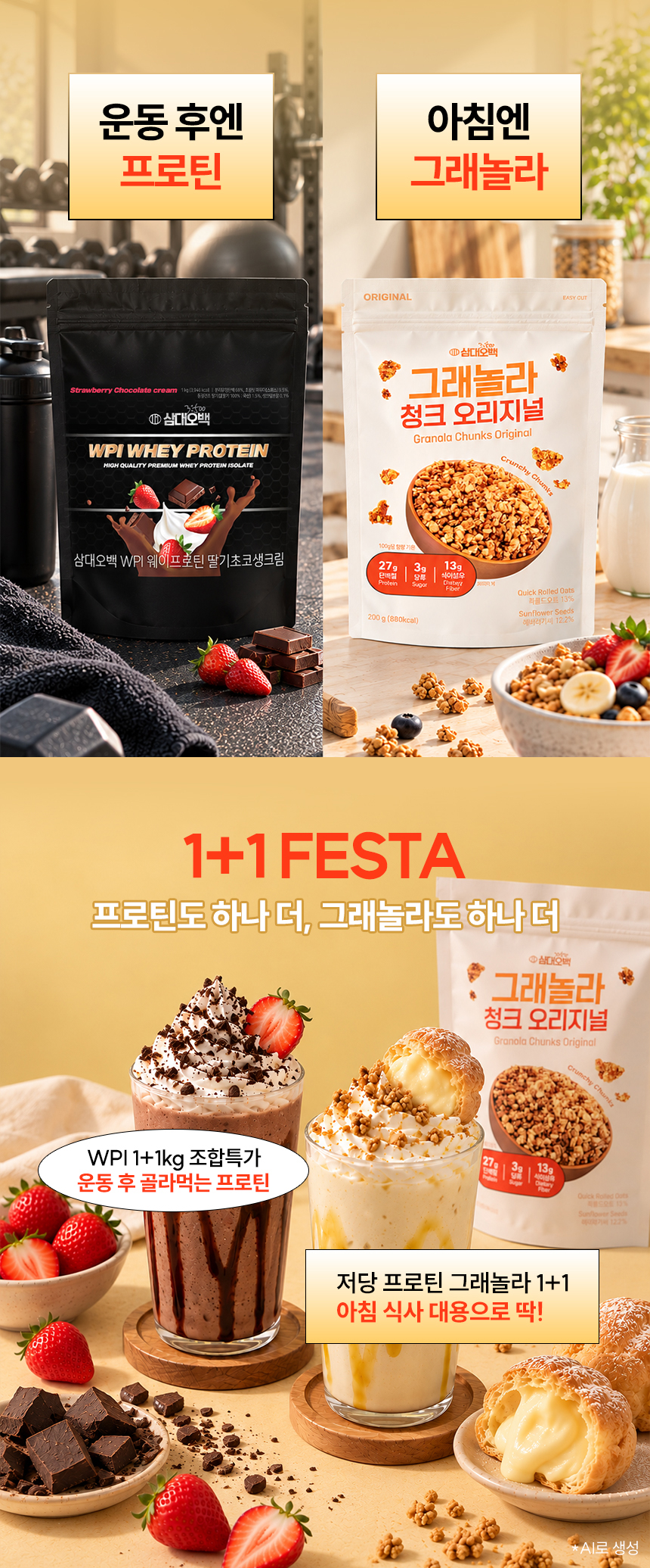 [1+1] 삼대오백 WPI 웨이 프로틴 뉴클래식 딸기초코생크림+슈크림라떼, 2kg, 1개 상세 이미지 1