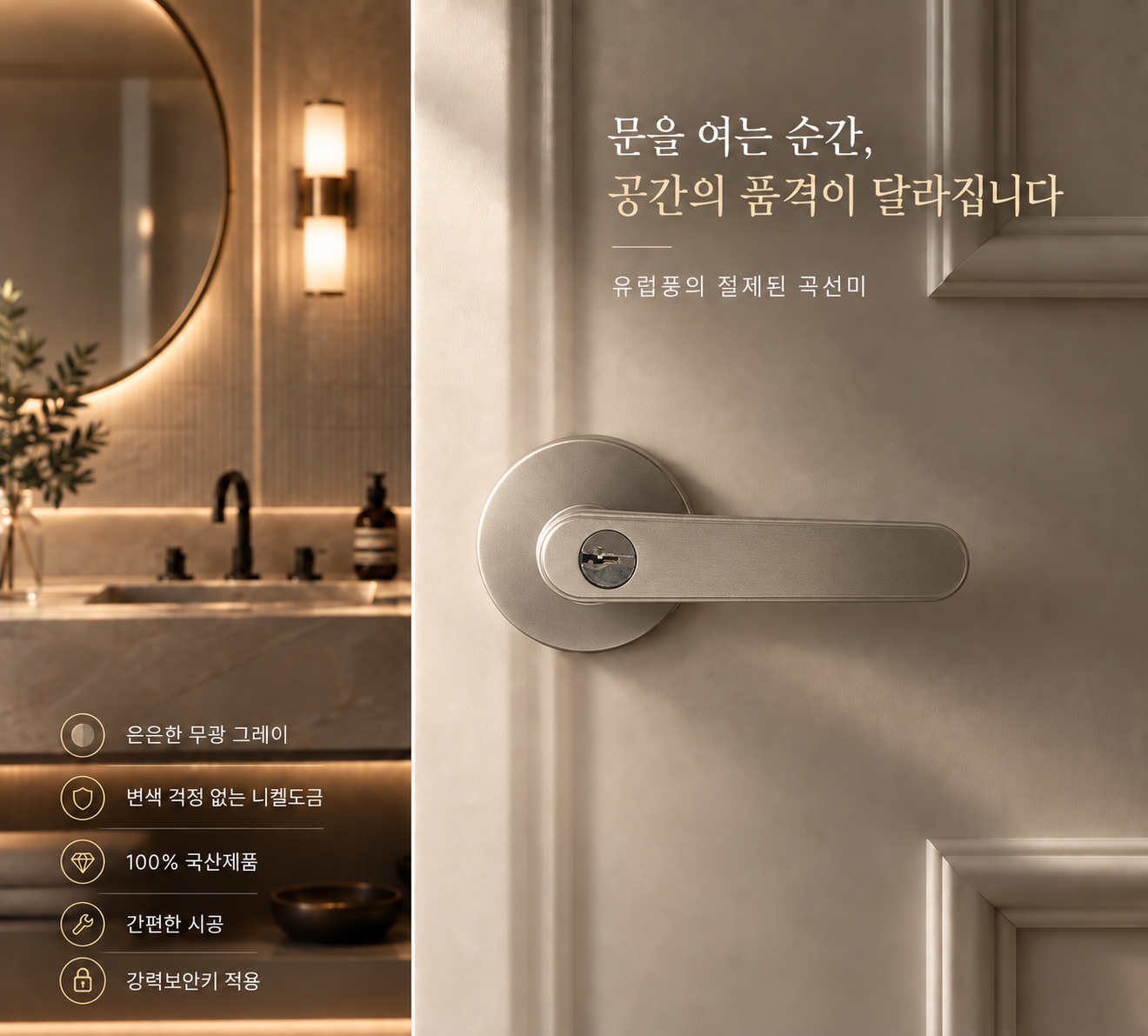 100% 국산 도체 클래식 무광그레이 방문손잡이 레버도어락 시공편리 이미지 4