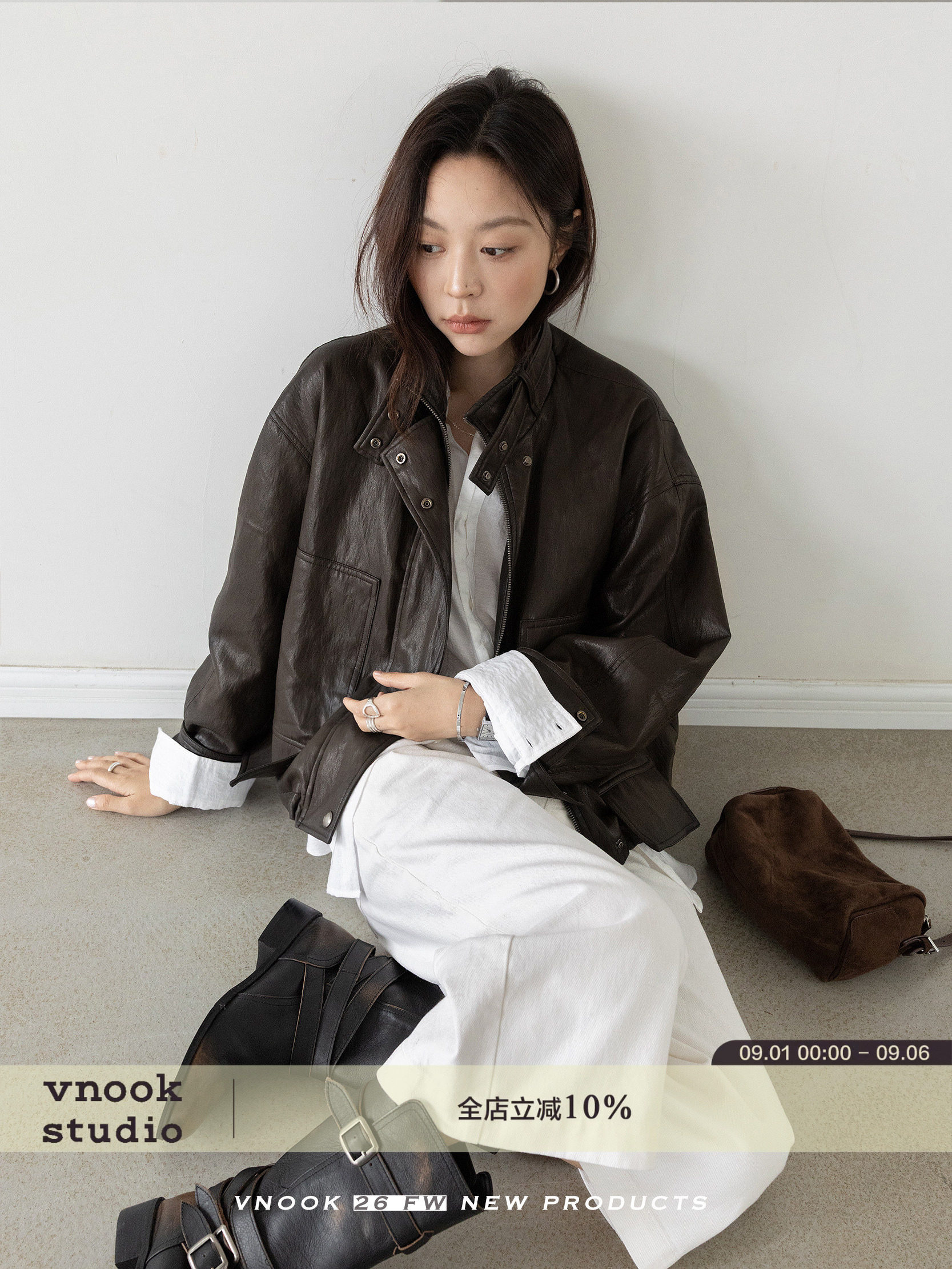 VNOOK 여성 가죽자켓 하이넥 레더블루종 페이크 숏자켓 - 상세 이미지 3