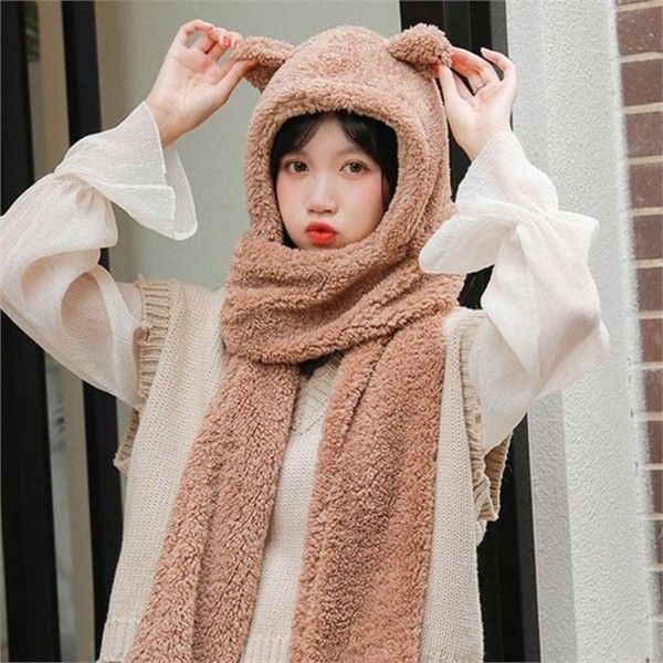 뽀글이 후드 목도리 양털 귀여운 목도리 모자 극세사 - 상품 이미지