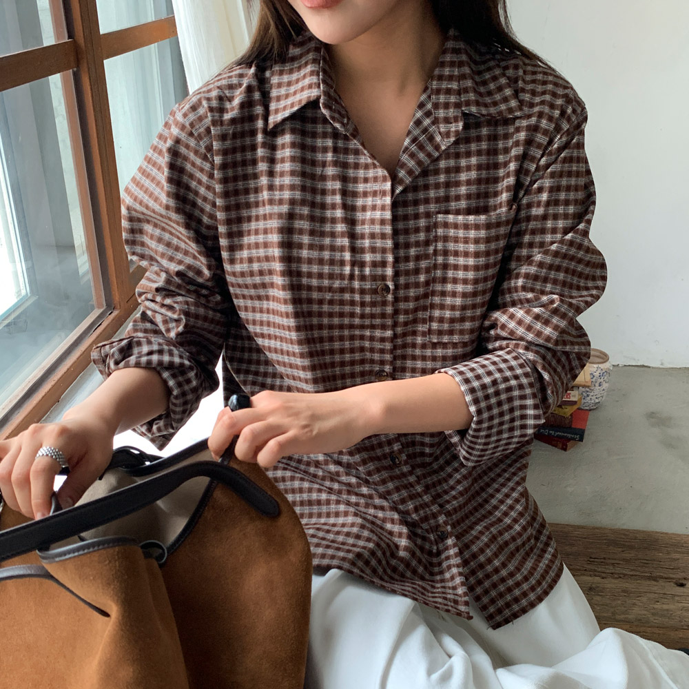 코튼 피치 기모 긴팔 여성 체크 남방 옆트임 가을 셔츠 겨울 이너 셔츠 브라운 네이비 이미지 6
