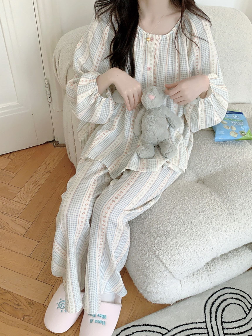 요루면 잠옷세트 빅사이즈 노카라 거즈면 긴팔 임산부 수유잠옷 원피스 퓨어블라썸 파자마세트 - 상세 이미지 2